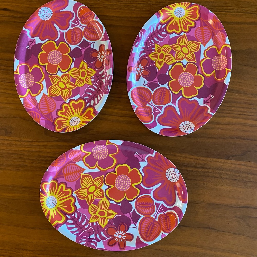 Three ÅLHÉNS (Swedish Store) Melamine Floral Pink Hibiscus-Themed Oval Trays